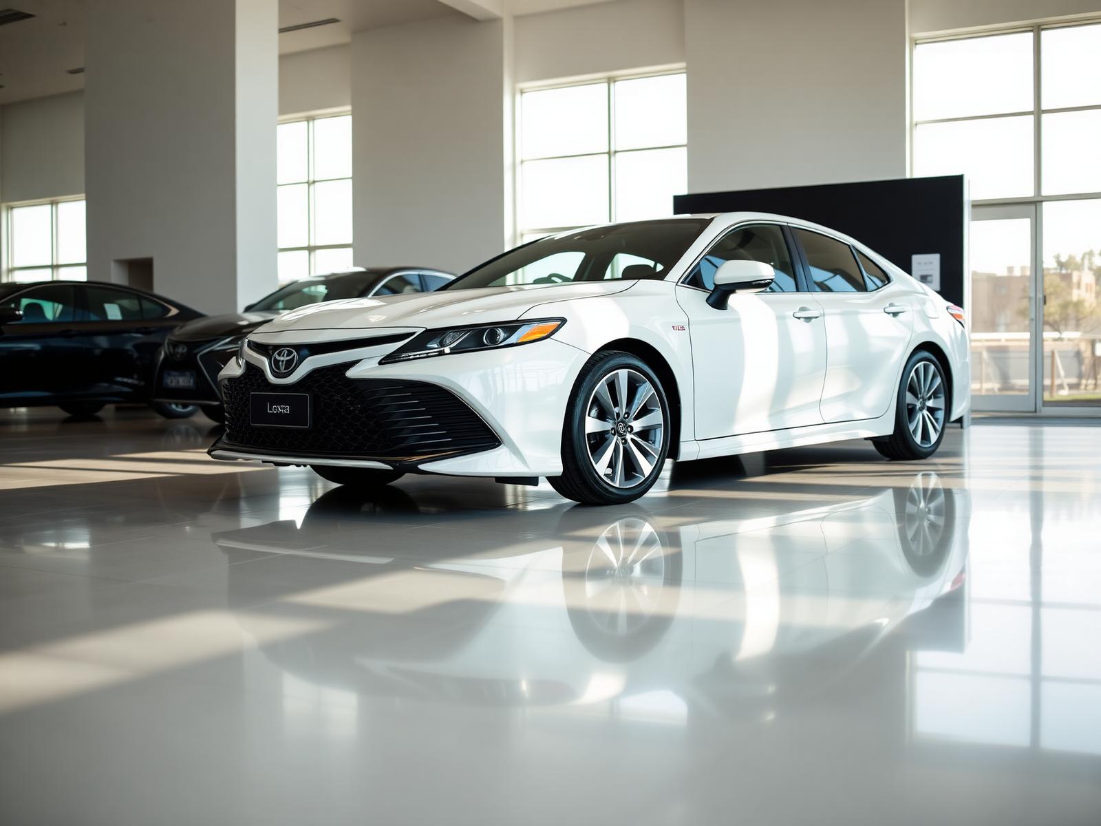 Bright modern dealership showroom with a white Toyota Camry